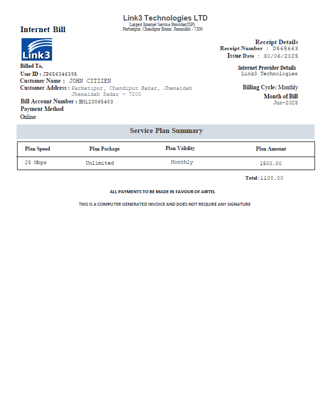 Bangladesh Link3 Technologies LTD utlity bill template in Word and PDF formats